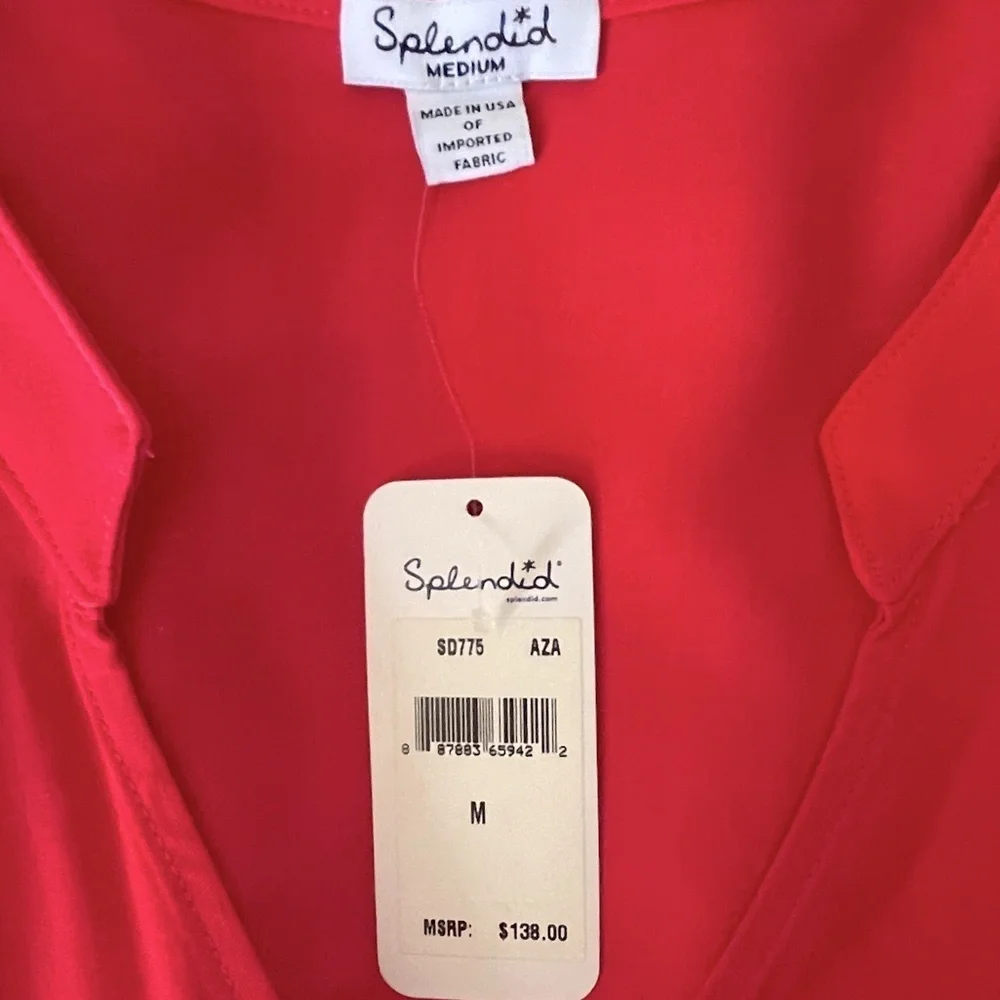 Splendid Coral Long Sleeve V Neck Mini Dress Pockets Elastic Waist Size M NEW - Picture 8 of 10
